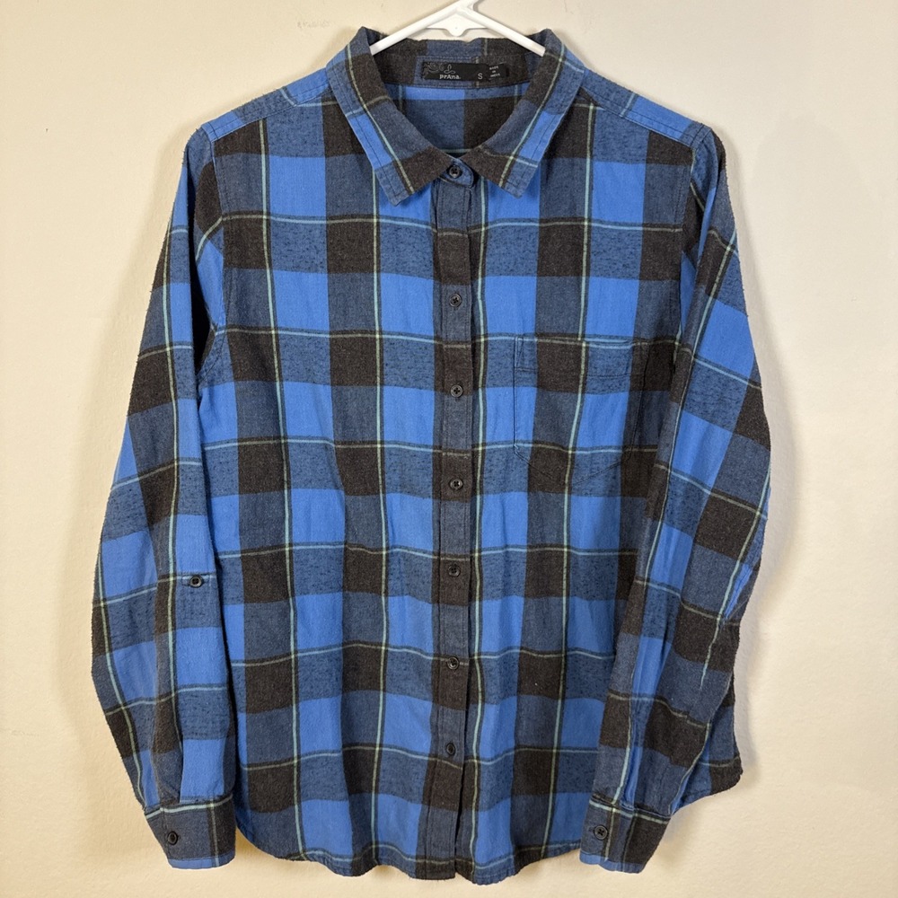 PRANA Percy Flannel Shirt S Black Blue Plaid Button Long Sleeve Button Organic